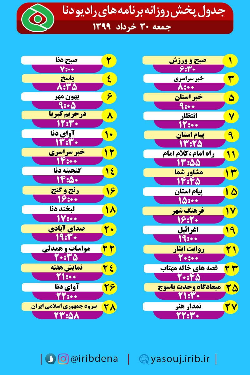 جدول پخش برنامه‌های رادیوی شبکه دنا